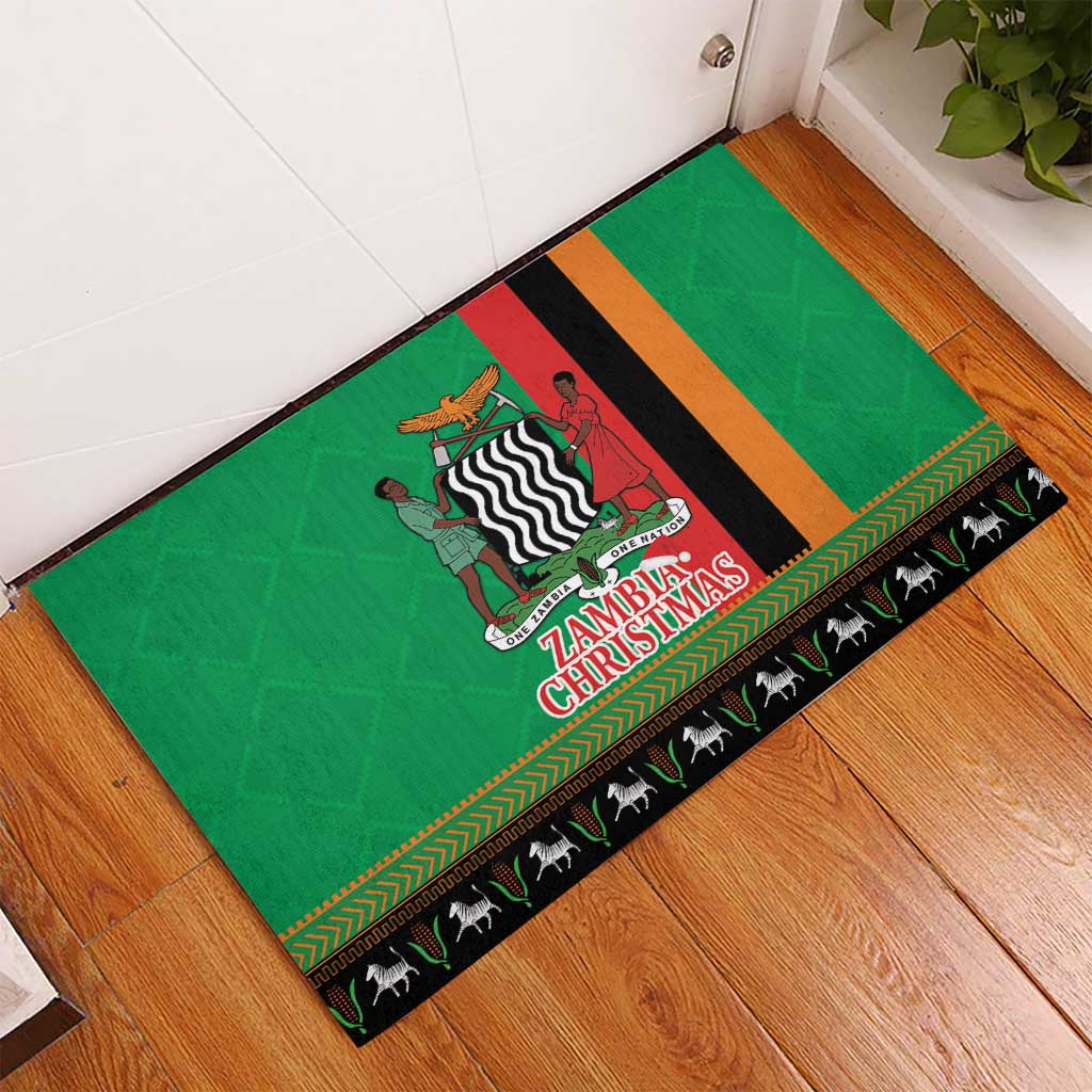 Afro Zambia Christmas Rubber Doormat Coat Of Arms With Kente Pattern