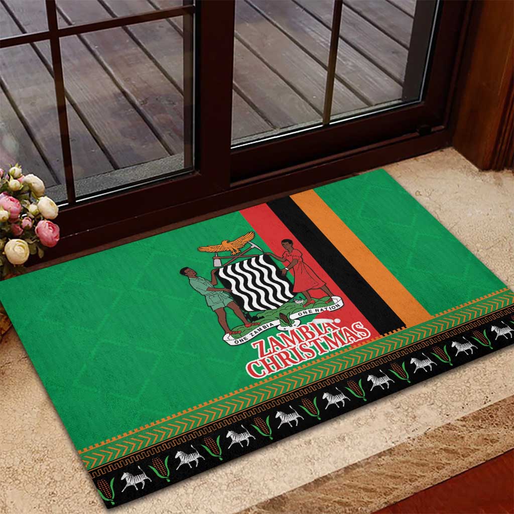 Afro Zambia Christmas Rubber Doormat Coat Of Arms With Kente Pattern