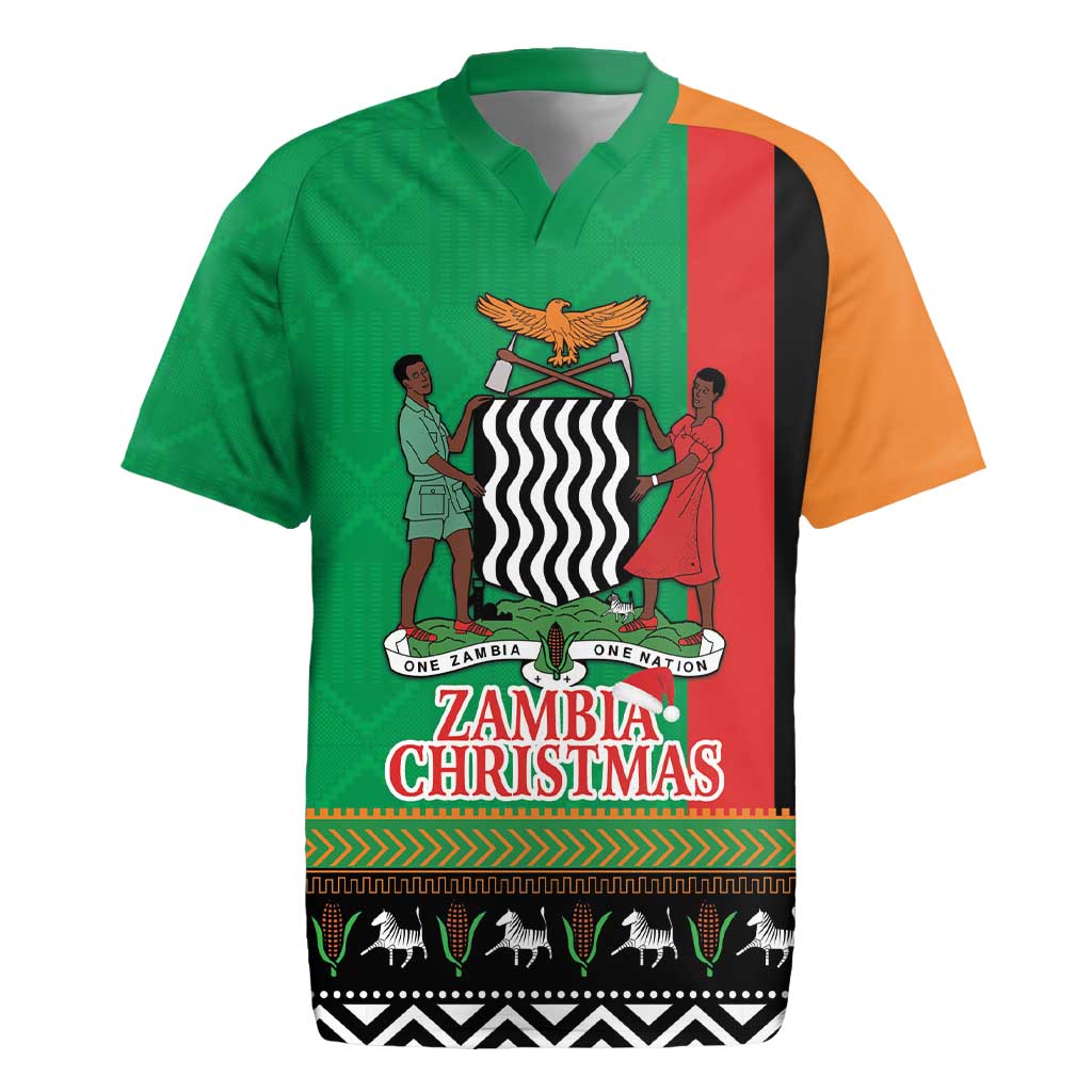 Afro Zambia Christmas Rugby Jersey Coat Of Arms With Kente Pattern