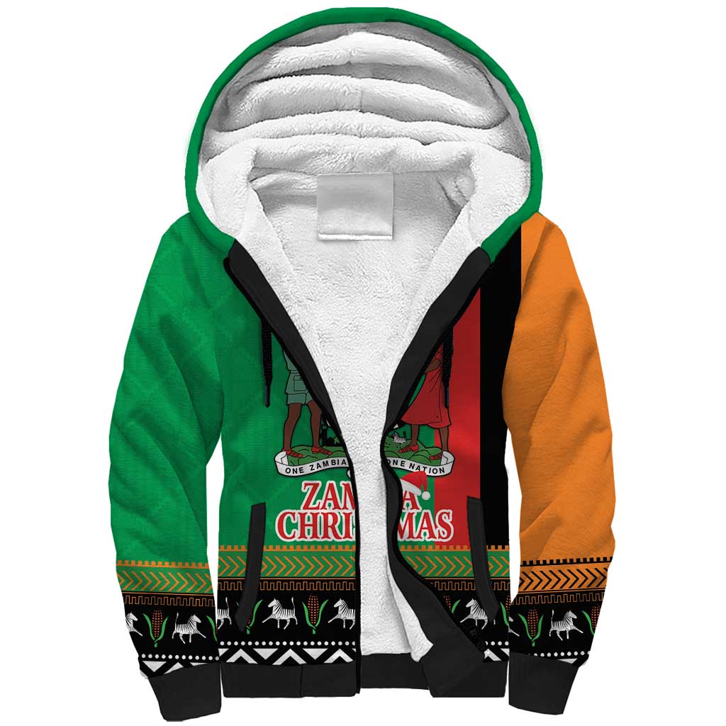 Afro Zambia Christmas Sherpa Hoodie Coat Of Arms With Kente Pattern