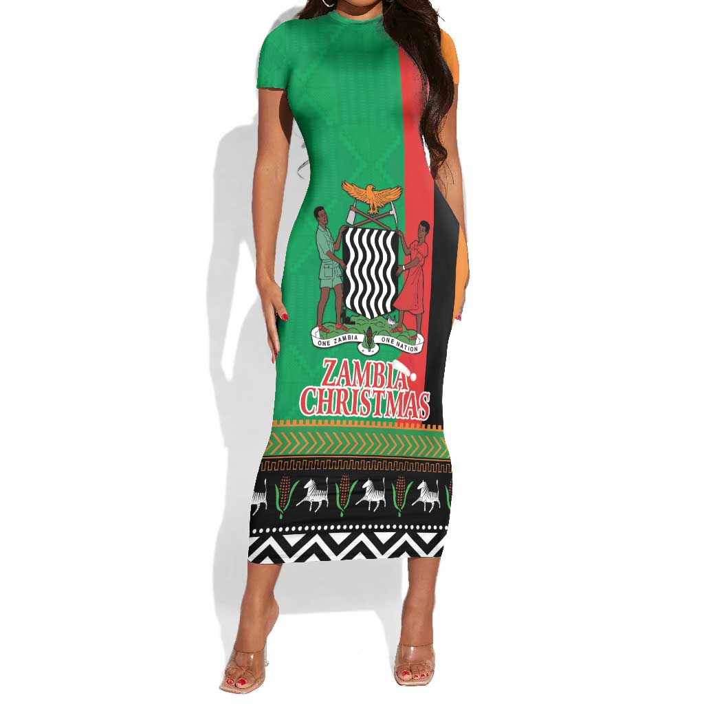 Afro Zambia Christmas Short Sleeve Bodycon Dress Coat Of Arms With Kente Pattern