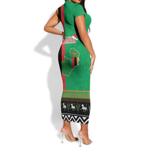 Afro Zambia Christmas Short Sleeve Bodycon Dress Coat Of Arms With Kente Pattern