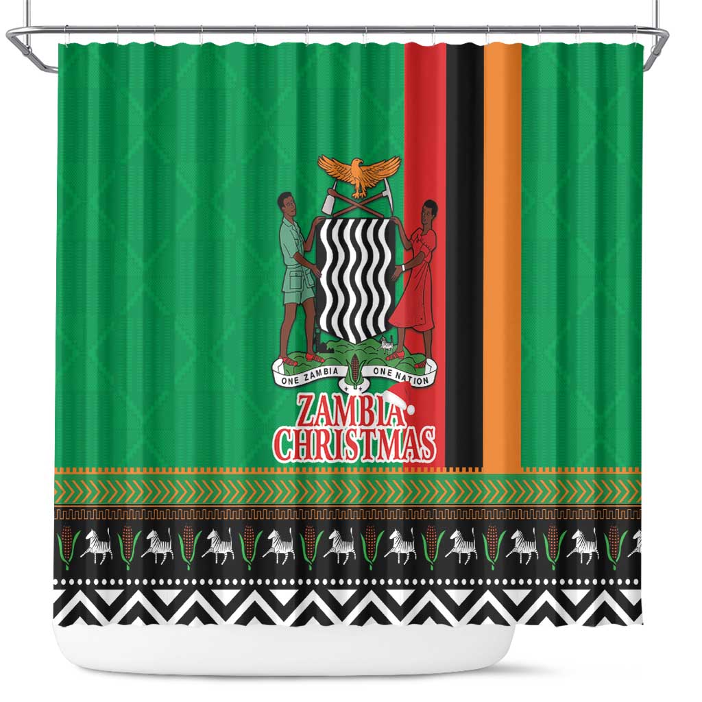 Afro Zambia Christmas Shower Curtain Coat Of Arms With Kente Pattern