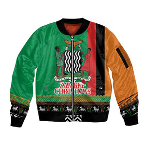 Afro Zambia Christmas Sleeve Zip Bomber Jacket Coat Of Arms With Kente Pattern