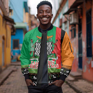 Afro Zambia Christmas Sleeve Zip Bomber Jacket Coat Of Arms With Kente Pattern