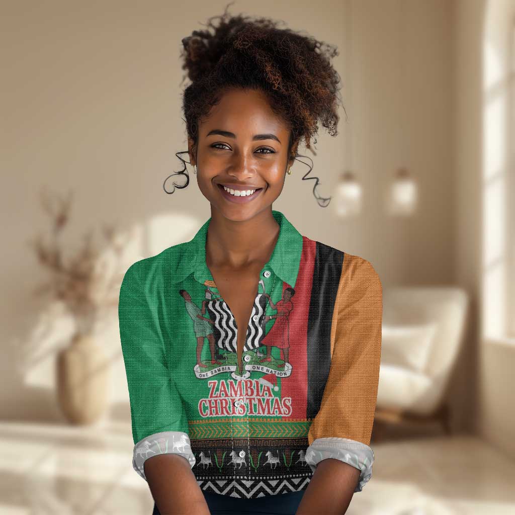 Afro Zambia Christmas Women Casual Shirt Coat Of Arms With Kente Pattern