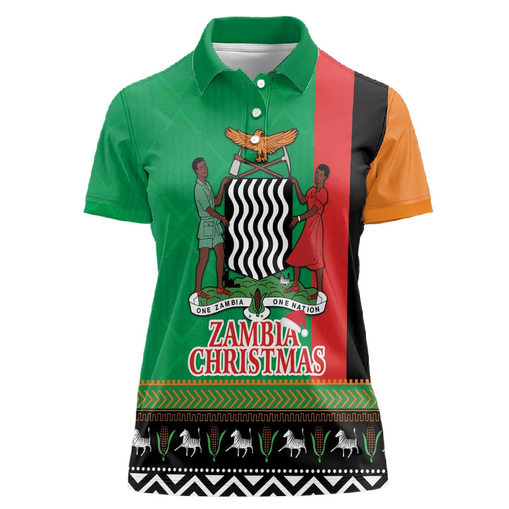 Afro Zambia Christmas Women Polo Shirt Coat Of Arms With Kente Pattern