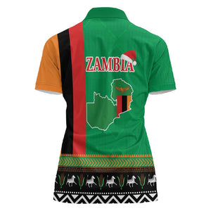 Afro Zambia Christmas Women Polo Shirt Coat Of Arms With Kente Pattern