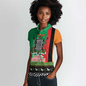 Afro Zambia Christmas Women Polo Shirt Coat Of Arms With Kente Pattern