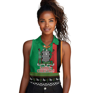 Afro Zambia Christmas Women Sleeveless Polo Shirt Coat Of Arms With Kente Pattern