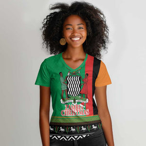 Afro Zambia Christmas Women V-Neck T-Shirt Coat Of Arms With Kente Pattern