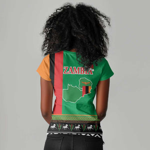 Afro Zambia Christmas Women V-Neck T-Shirt Coat Of Arms With Kente Pattern