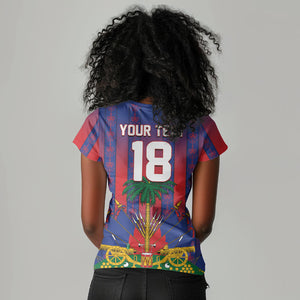 Custom Haiti Football 2026 Women V-Neck T-Shirt Les Grenadiers Voodoo Veve Pride