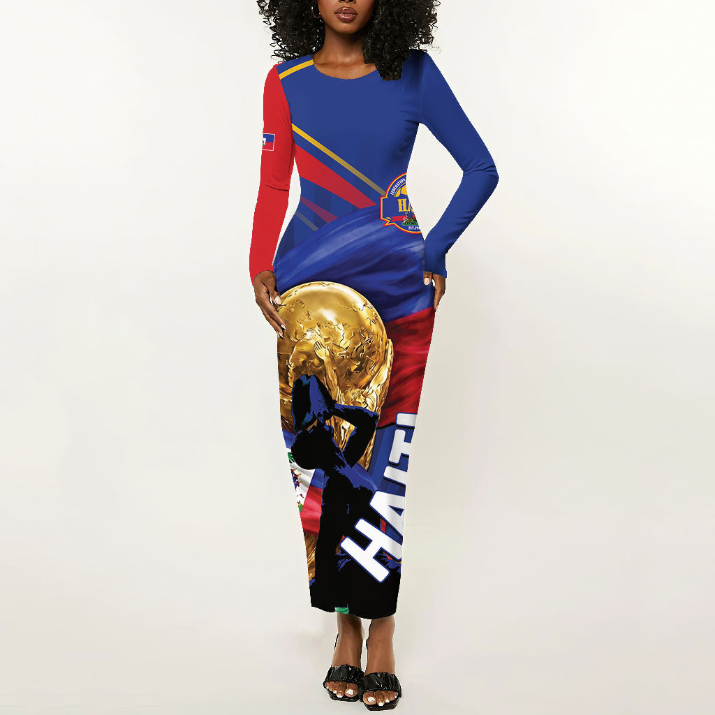 Personalized Haiti Football Champions Long Sleeve Bodycon Dress National Pride Gold Trophy