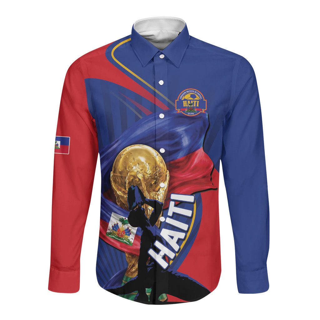 Personalized Haiti Football Champions Long Sleeve Button Shirt National Pride Gold Trophy