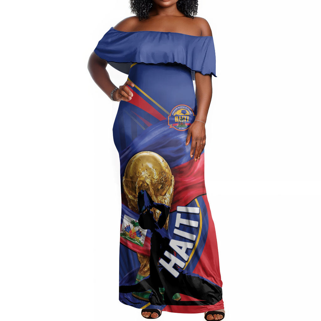 Personalized Haiti Football Champions Off Shoulder Maxi Dress National Pride Gold Trophy