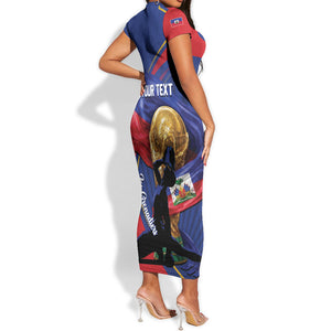 Personalized Haiti Football Champions Short Sleeve Bodycon Dress National Pride Gold Trophy