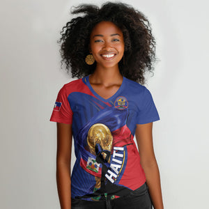 Personalized Haiti Football Champions Women V-Neck T-Shirt National Pride Gold Trophy