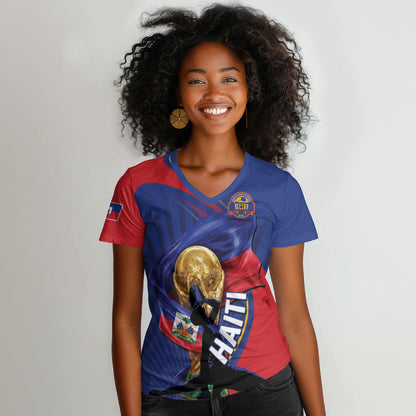 Personalized Haiti Football Champions Women V-Neck T-Shirt National Pride Gold Trophy