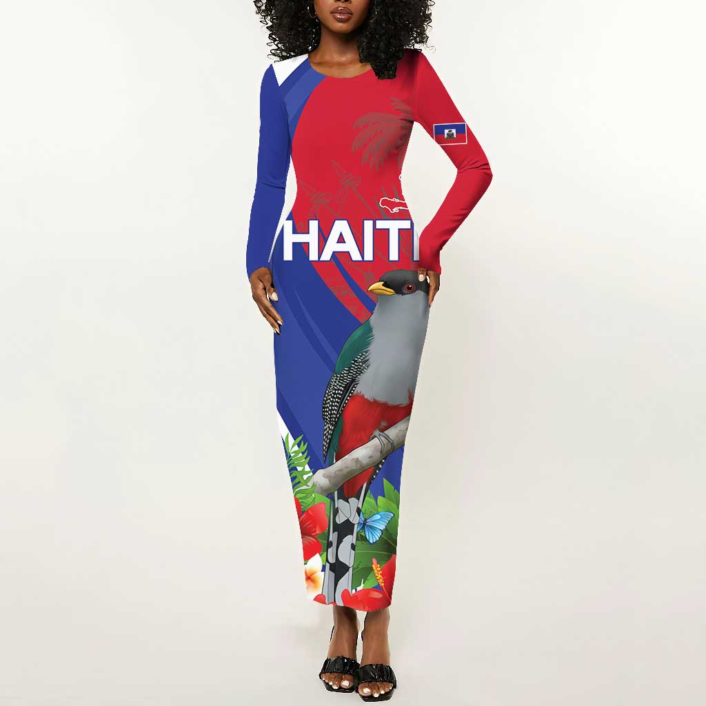 Personalized Afro-Haitians Long Sleeve Bodycon Dress Hispaniolan Trogon Sporty Style - African Pride