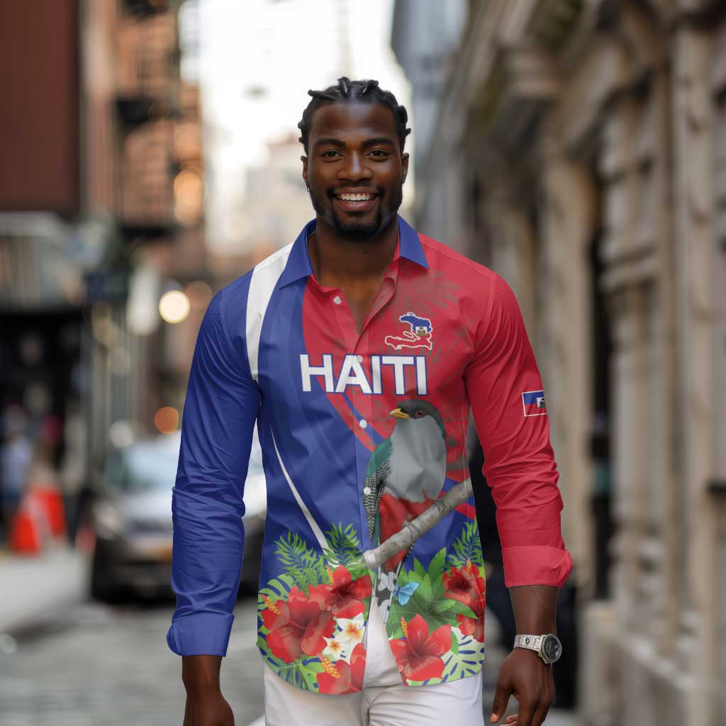 Personalized Afro-Haitians Long Sleeve Button Shirt Hispaniolan Trogon Sporty Style - African Pride