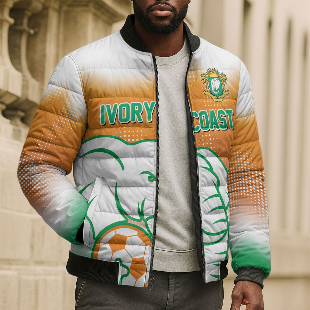 Custom Ivory Coast Football Bomber Puffer Jacket Proud Elephant Fan Edition