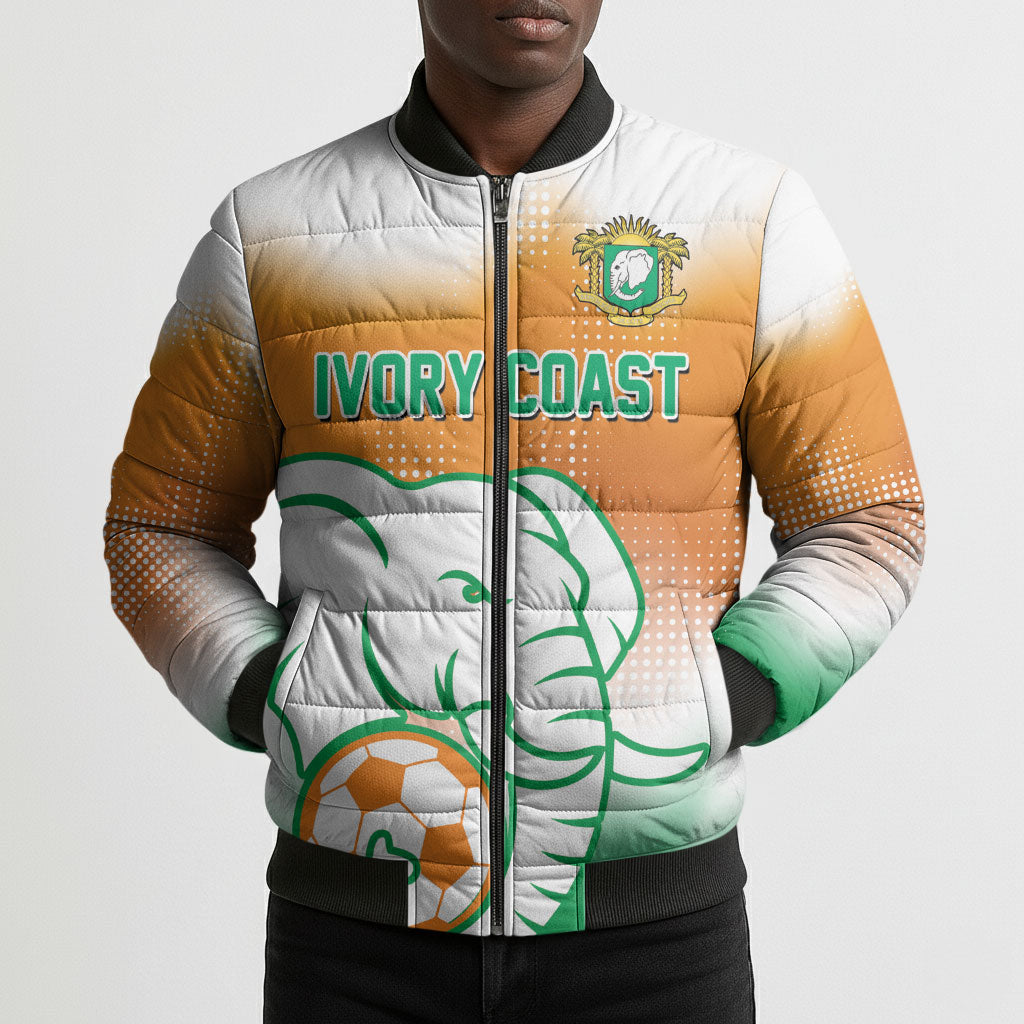 Custom Ivory Coast Football Bomber Puffer Jacket Proud Elephant Fan Edition