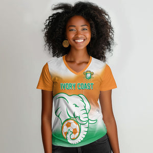 Custom Ivory Coast Football Women V-Neck T-Shirt Proud Elephant Fan Edition