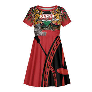 Personalized Afro Kenya Mashujaa Day Kid Short Sleeve Dress Mzee Jomo Kenyatta With Coat Of Arms