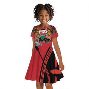 Personalized Afro Kenya Mashujaa Day Kid Short Sleeve Dress Mzee Jomo Kenyatta With Coat Of Arms