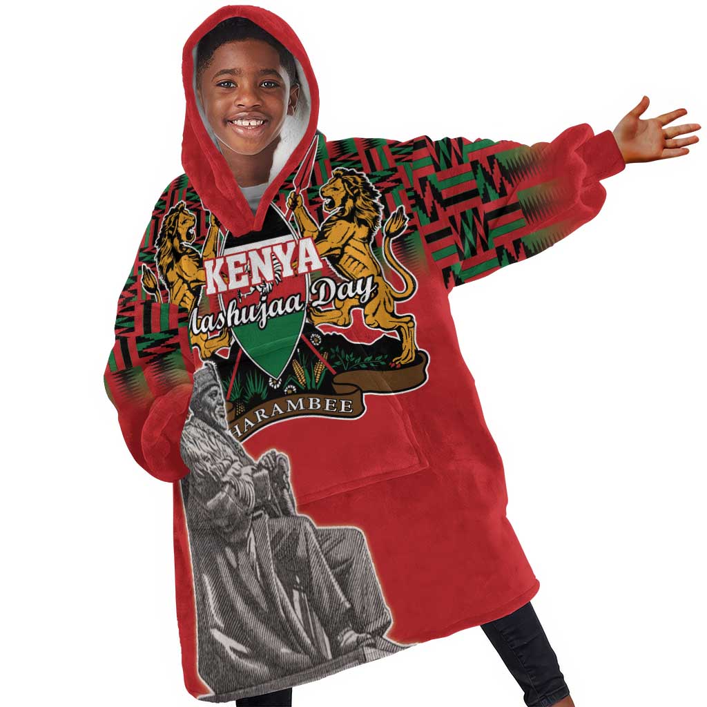 Personalized Afro Kenya Mashujaa Day KId Wearable Blanket Hoodie Mzee Jomo Kenyatta With Coat Of Arms