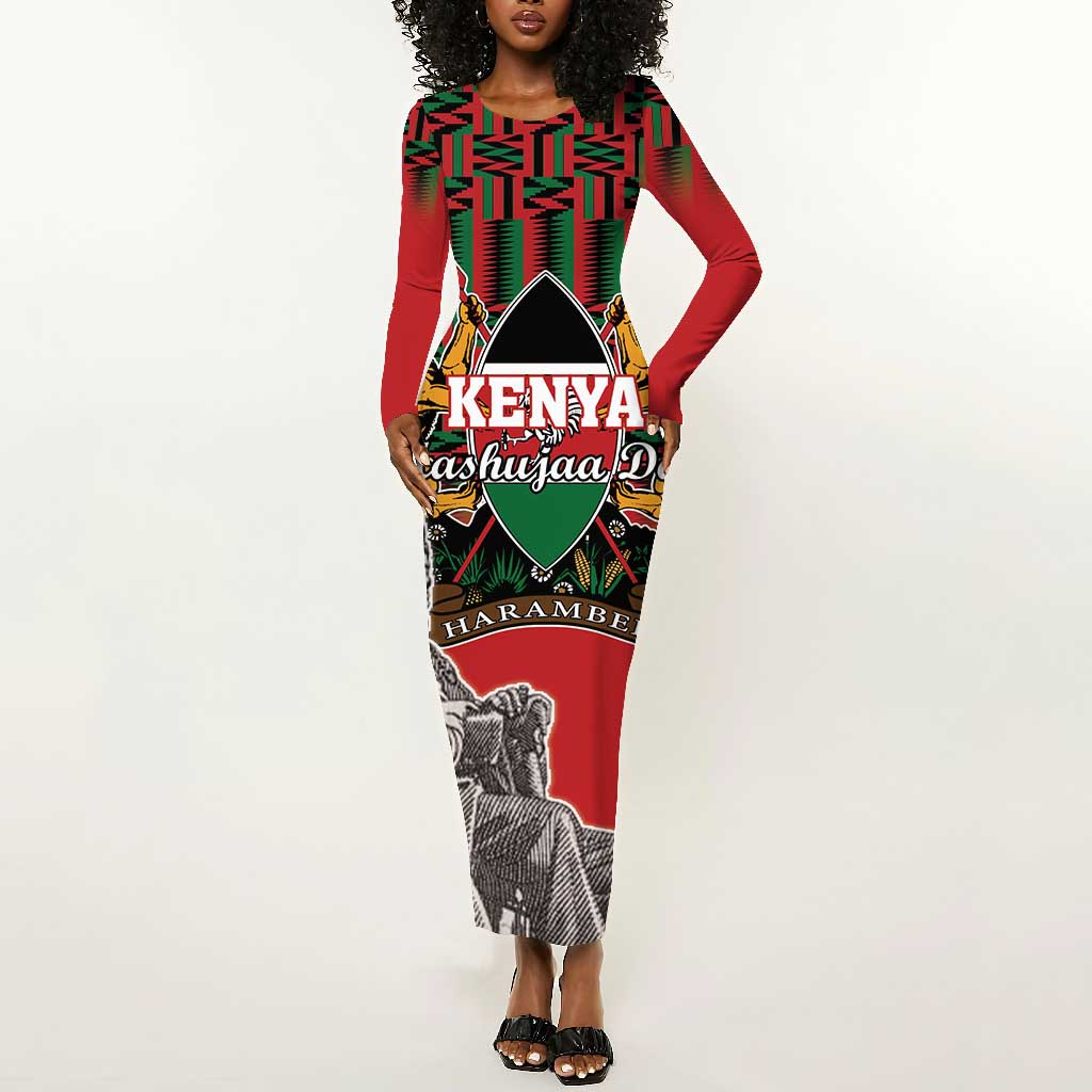 Personalized Afro Kenya Mashujaa Day Long Sleeve Bodycon Dress Mzee Jomo Kenyatta With Coat Of Arms