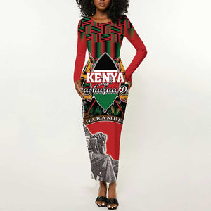 Personalized Afro Kenya Mashujaa Day Long Sleeve Bodycon Dress Mzee Jomo Kenyatta With Coat Of Arms