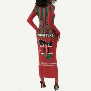 Personalized Afro Kenya Mashujaa Day Long Sleeve Bodycon Dress Mzee Jomo Kenyatta With Coat Of Arms