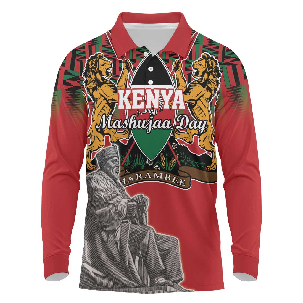 Personalized Afro Kenya Mashujaa Day Long Sleeve Polo Shirt Mzee Jomo Kenyatta With Coat Of Arms