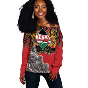 Personalized Afro Kenya Mashujaa Day Off Shoulder Sweater Mzee Jomo Kenyatta With Coat Of Arms