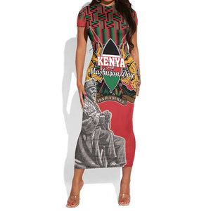 Personalized Afro Kenya Mashujaa Day Short Sleeve Bodycon Dress Mzee Jomo Kenyatta With Coat Of Arms