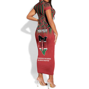 Personalized Afro Kenya Mashujaa Day Short Sleeve Bodycon Dress Mzee Jomo Kenyatta With Coat Of Arms