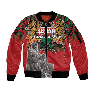 Personalized Afro Kenya Mashujaa Day Sleeve Zip Bomber Jacket Mzee Jomo Kenyatta With Coat Of Arms