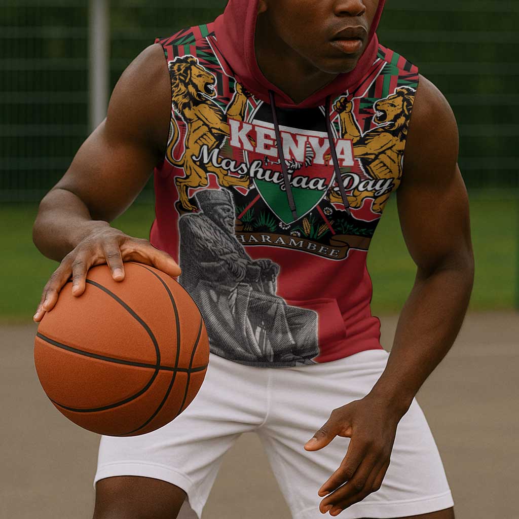 Personalized Afro Kenya Mashujaa Day Sleeveless Hoodie Mzee Jomo Kenyatta With Coat Of Arms - African Pride