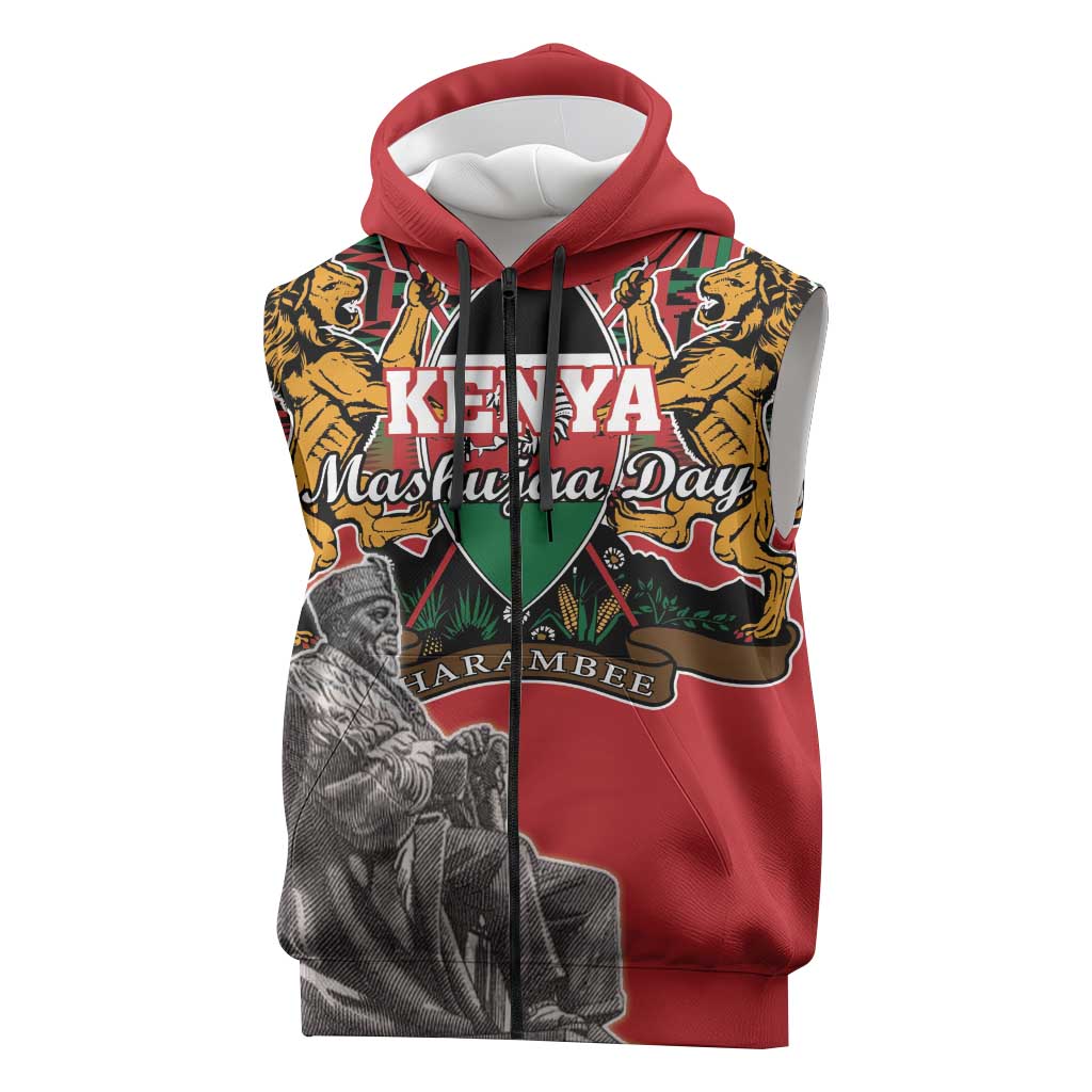 Personalized Afro Kenya Mashujaa Day Sleeveless Zip Hoodie Mzee Jomo Kenyatta With Coat Of Arms - African Pride