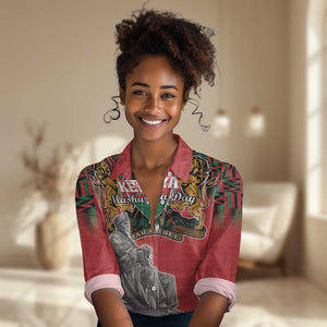 Personalized Afro Kenya Mashujaa Day Women Casual Shirt Mzee Jomo Kenyatta With Coat Of Arms