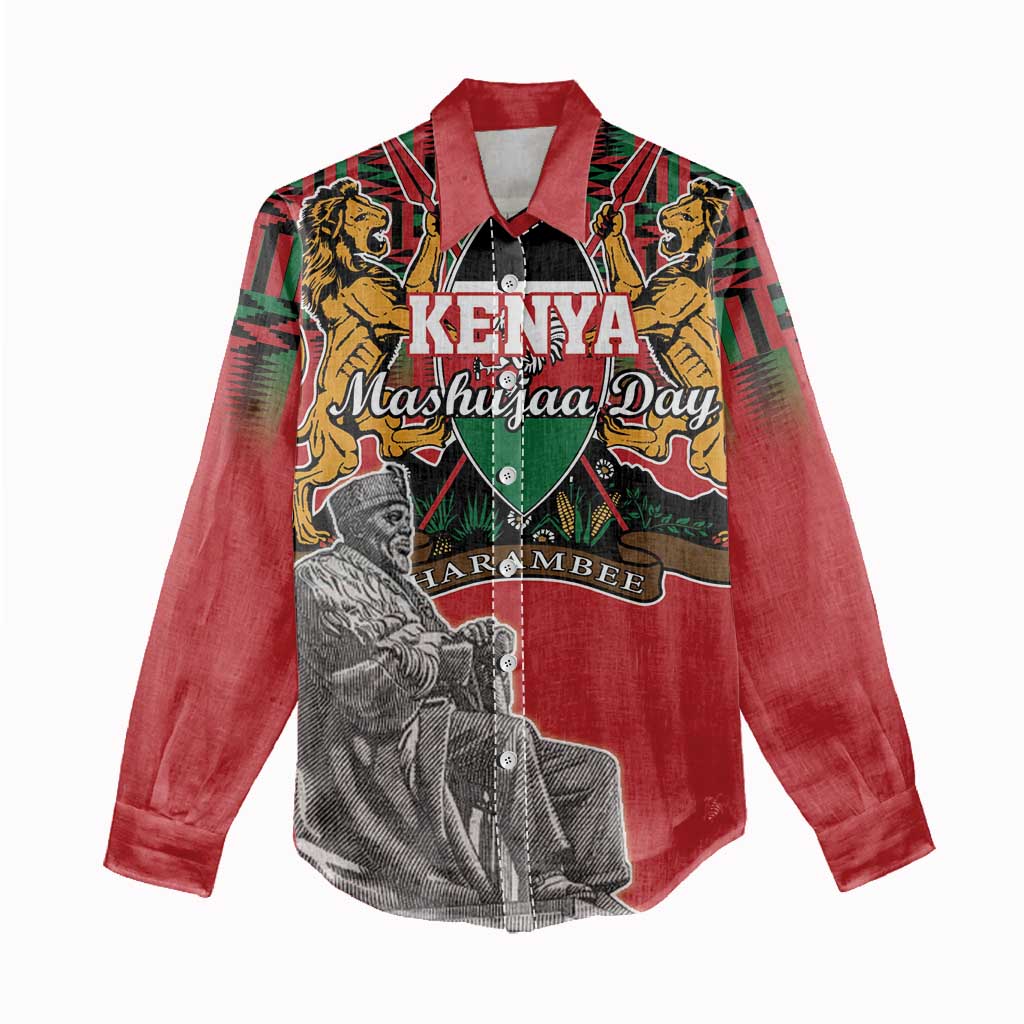 Personalized Afro Kenya Mashujaa Day Women Casual Shirt Mzee Jomo Kenyatta With Coat Of Arms LT18