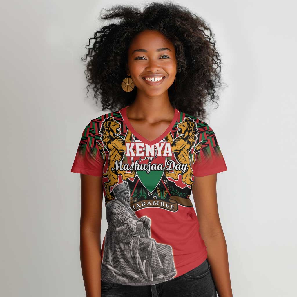 Personalized Afro Kenya Mashujaa Day Women V-Neck T-Shirt Mzee Jomo Kenyatta With Coat Of Arms