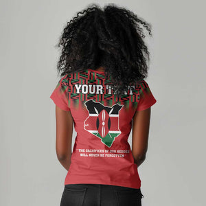 Personalized Afro Kenya Mashujaa Day Women V-Neck T-Shirt Mzee Jomo Kenyatta With Coat Of Arms