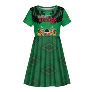 Afro Kenya National Heroes Day Kid Short Sleeve Dress Mashujaa With Lion Head And Coat Of Arms