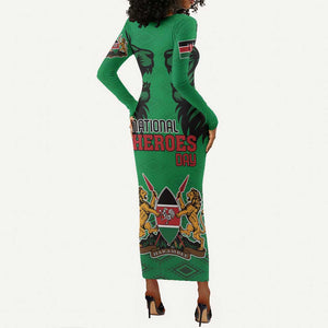 Afro Kenya National Heroes Day Long Sleeve Bodycon Dress Mashujaa With Lion Head And Coat Of Arms