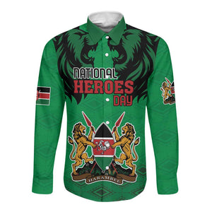 Afro Kenya National Heroes Day Long Sleeve Button Shirt Mashujaa With Lion Head And Coat Of Arms