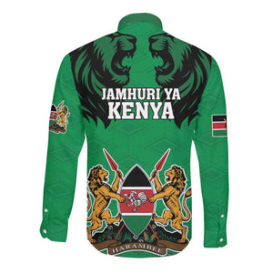 Afro Kenya National Heroes Day Long Sleeve Button Shirt Mashujaa With Lion Head And Coat Of Arms