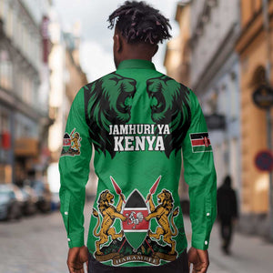 Afro Kenya National Heroes Day Long Sleeve Button Shirt Mashujaa With Lion Head And Coat Of Arms